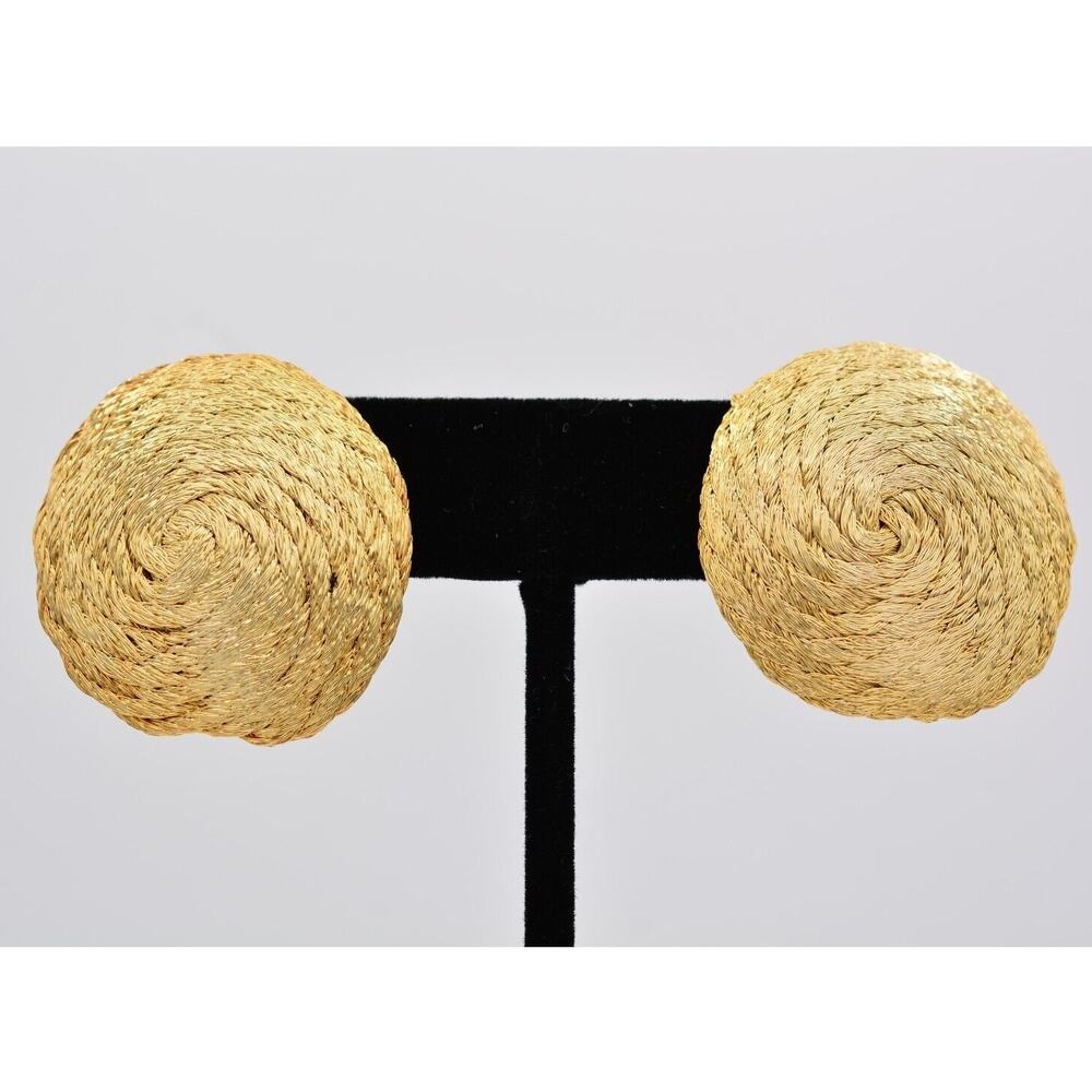 Vintage Rope Clip On Earrings Brushed Gold Tone Textured Round Chunky 80s BinAZ